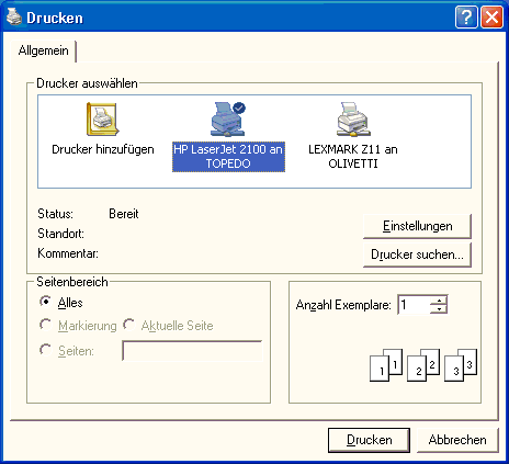 Dies ist das Drucken-Dialogfeld unter Windows XP ...